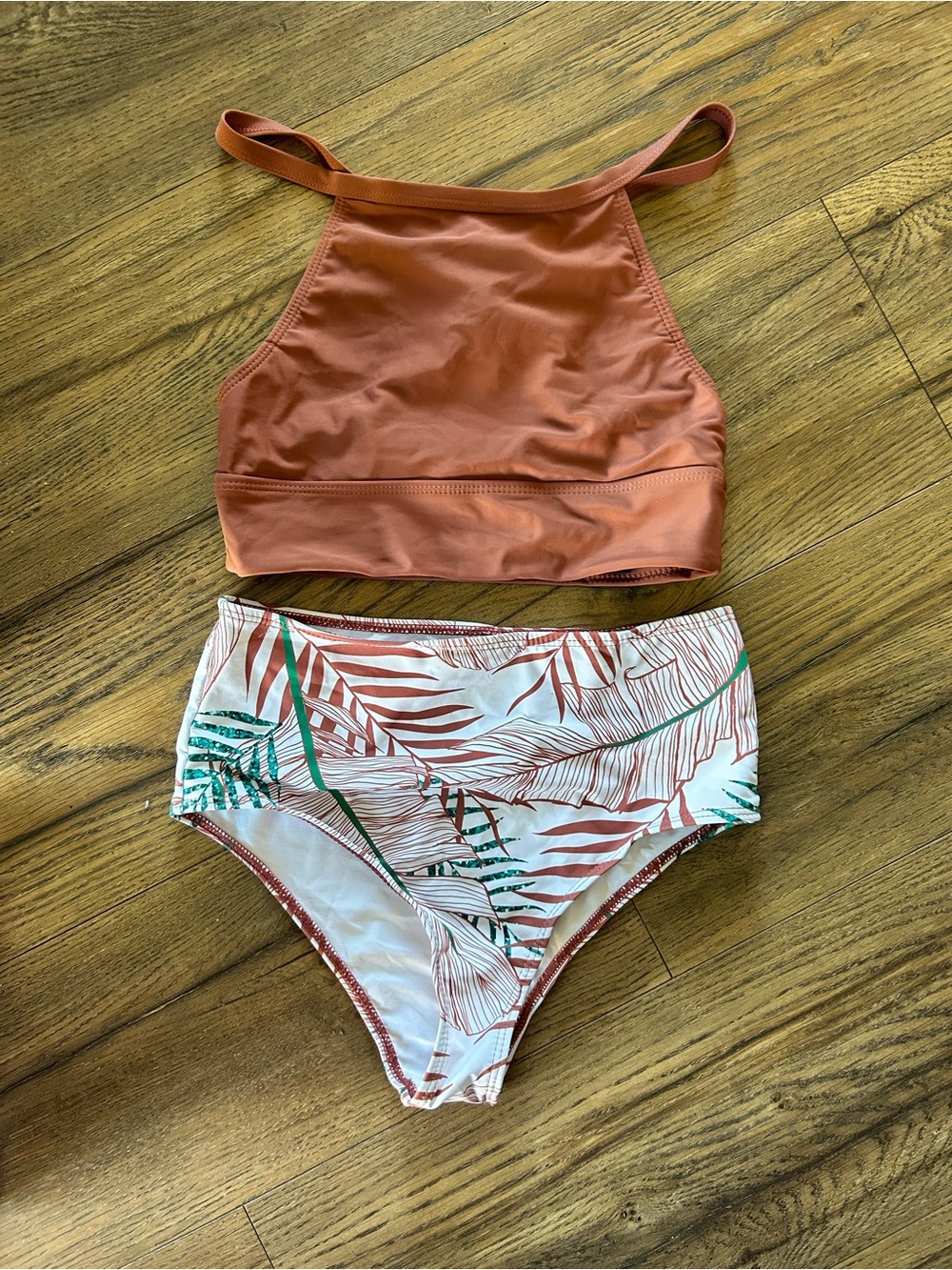 High-Neck Rust Bikini Top with Tropical Print High-Waist Bottoms - Women Swim